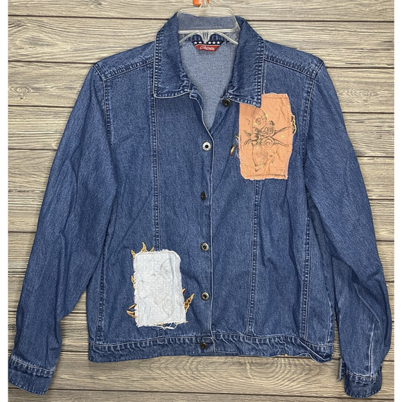 AGAPO Vintage Denim Long Sleeve Button Jacket with Embroided Patches Size Medium - Picture 2 of 9